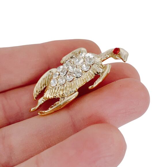 Vintage Gold Tone Turtle Brooch Rhinestone Shell Red Eye Pin 1960s Sparkling - Picture 5 of 9